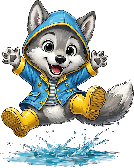 Wolf mit Regenjacke